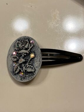 Handmade gothic grunge rose Oval Hair Clip Black Gray with Rhinestones